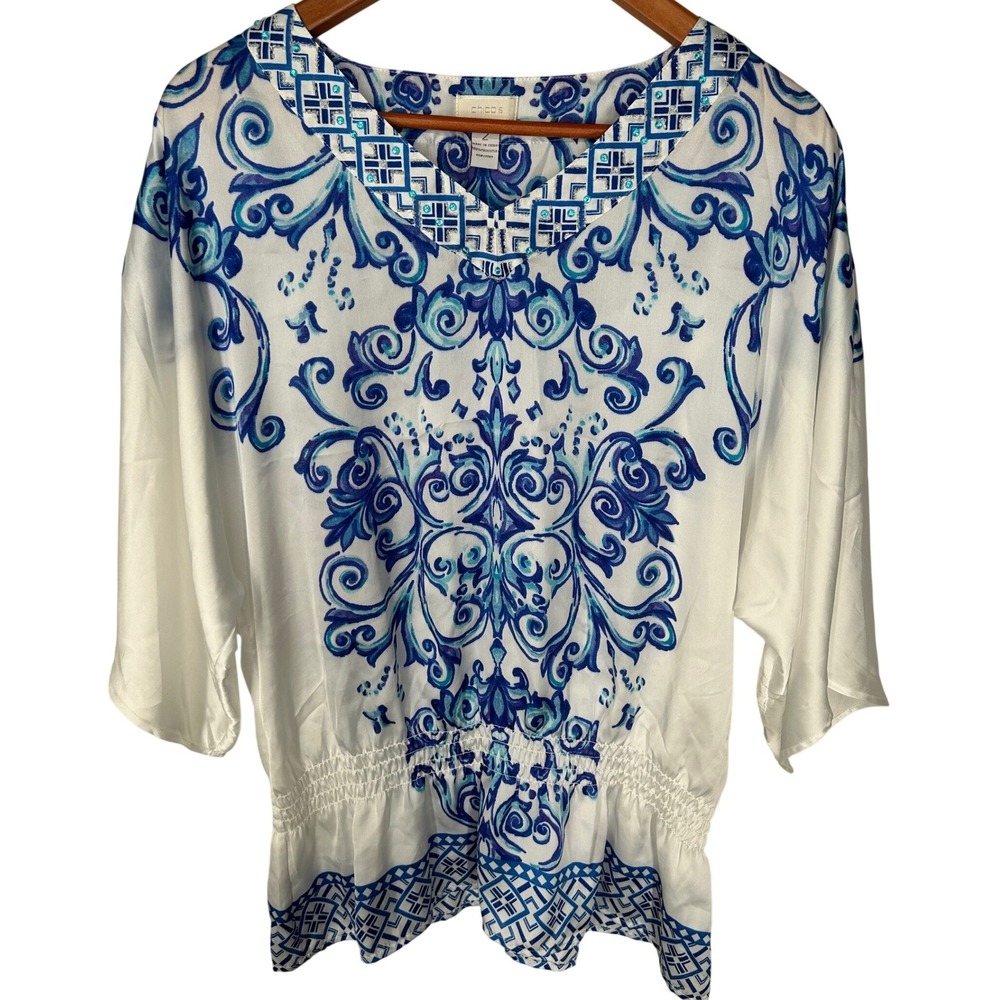 Chico's Satiny 1/2 Sleeve Embellished Blouse Elastic Waist Chico's 2 / Size 12